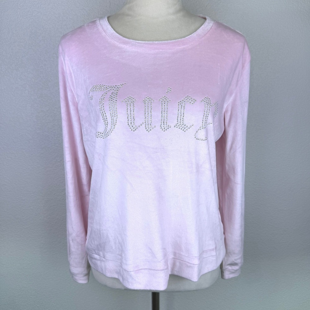 Juicy Couture Pink Velour Rhinestone Logo Soft Top Long Sleeve Womens Med Sleep